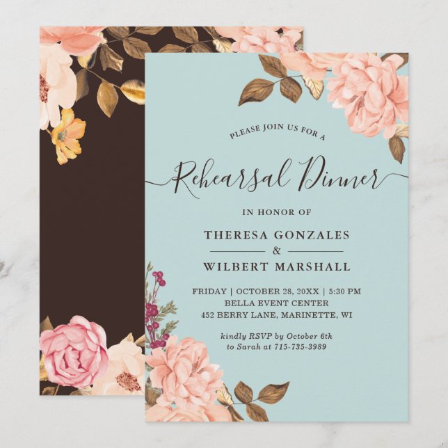 Dusty Aqua Blue Blush Floral Rehearsal Dinner Invitation (Front/Back)