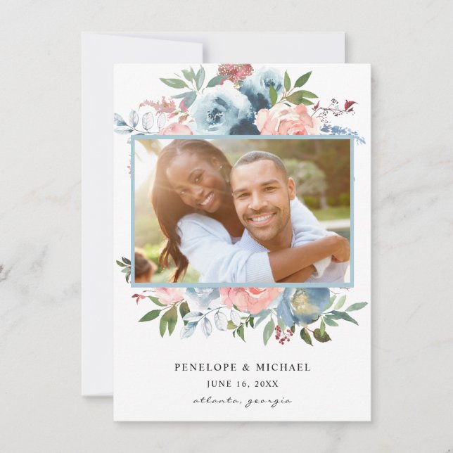 Dusty Baby Blue & Pink Floral Save the Date Photo (Front)