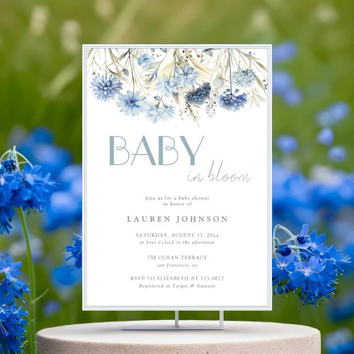 DUSTY Baby in Bloom Blue Beige Baby Shower Invitation