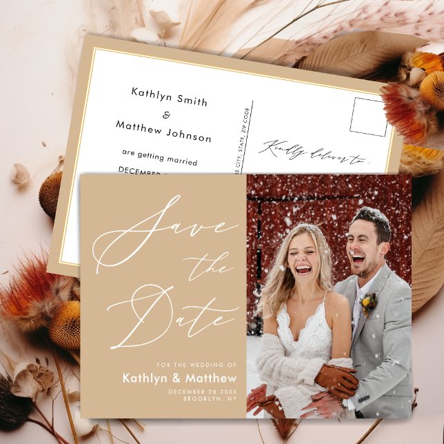 Dusty Beige Elegant Script Wedding Save The Date Announcement Postcard (Creator Uploaded)