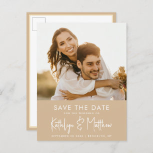 Dusty Beige Fun Script Modern Photo Wedding Save T Announcement Postcard