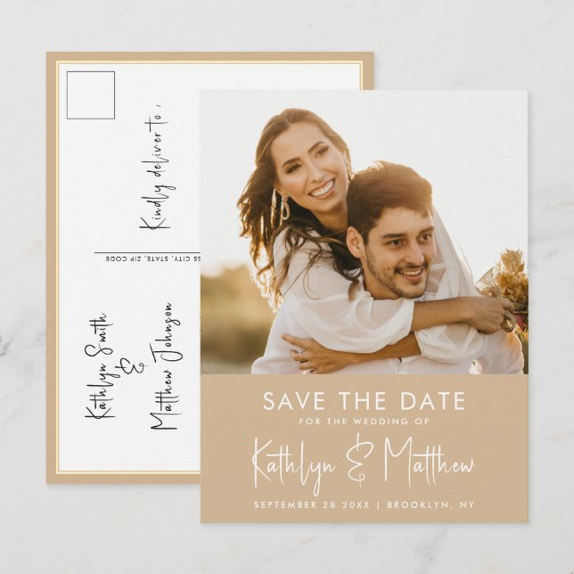 Dusty Beige Fun Script Modern Photo Wedding Save T Announcement Postcard (Front/Back)