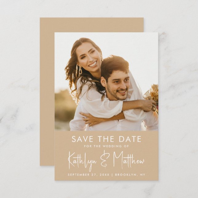 Dusty Beige Fun Script Modern Photo Wedding Save The Date (Front/Back)