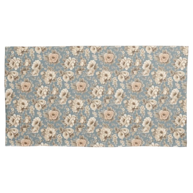 Dusty Biue with Ivory Roses Floral Pillow Case (Front)