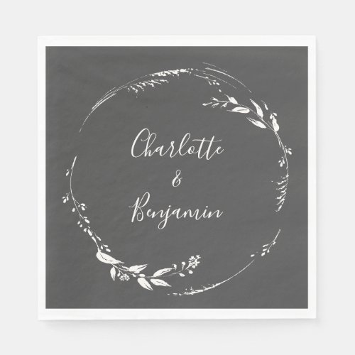 Dusty Black Floral Wreath Calligraphy Personalized Napkins