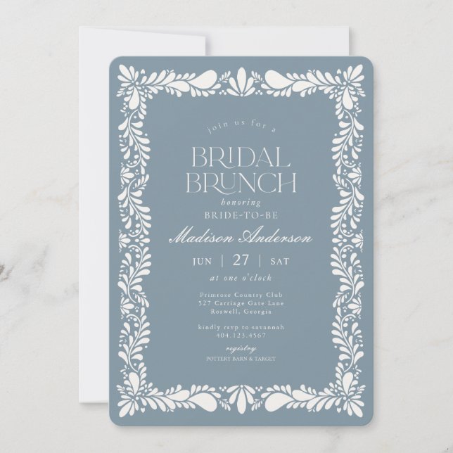Dusty Blu Talavera Tile Fiesta Bridal Brunch Invitation (Front)