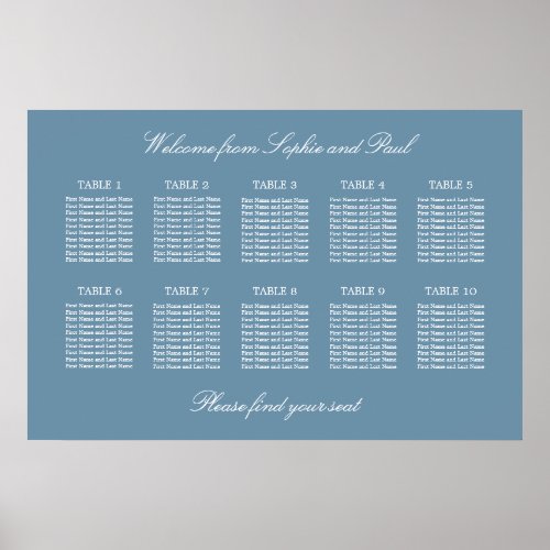 Dusty Blue 10 Table Wedding Seating Chart Poster