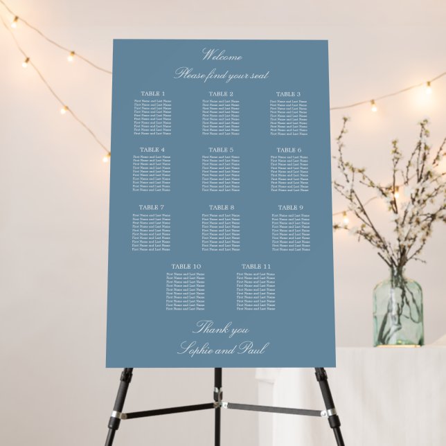 Dusty Blue 11 Table Wedding Seating Chart Foam Board (In Situ (Stand))