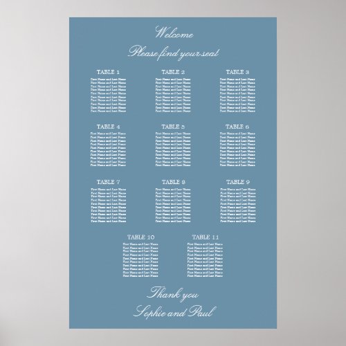 Dusty Blue 11 Table Wedding Seating Chart Poster