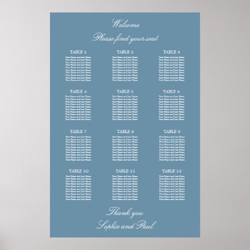 Dusty Blue 12 Table Wedding Seating Chart Poster
