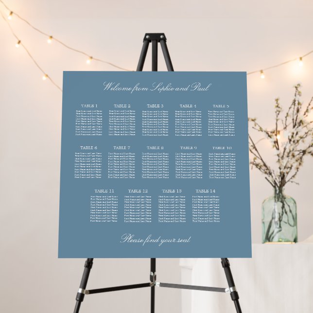 Dusty Blue 14 Table Wedding Seating Chart Foam Board (In Situ (Stand))
