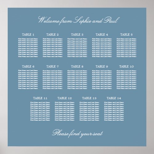 Dusty Blue 14 Table Wedding Seating Chart Poster