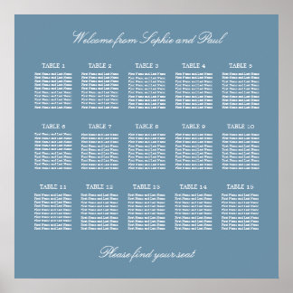 Dusty Blue 15 Table Wedding Seating Chart Poster