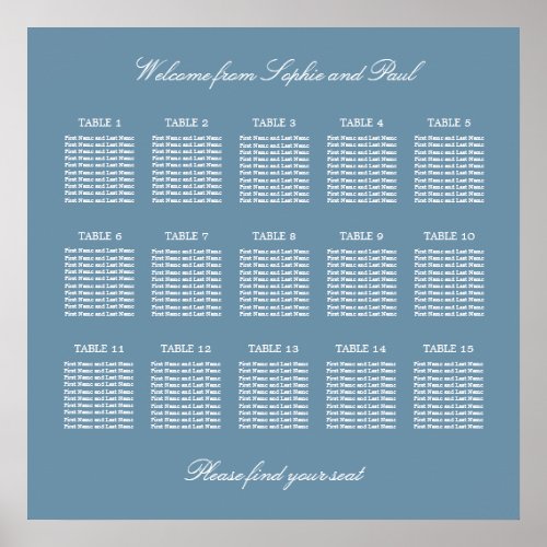 Dusty Blue 15 Table Wedding Seating Chart Poster
