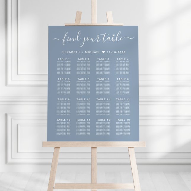 Dusty Blue 16 Table Wedding Seating Chart Foam Board (Creator Uploaded)