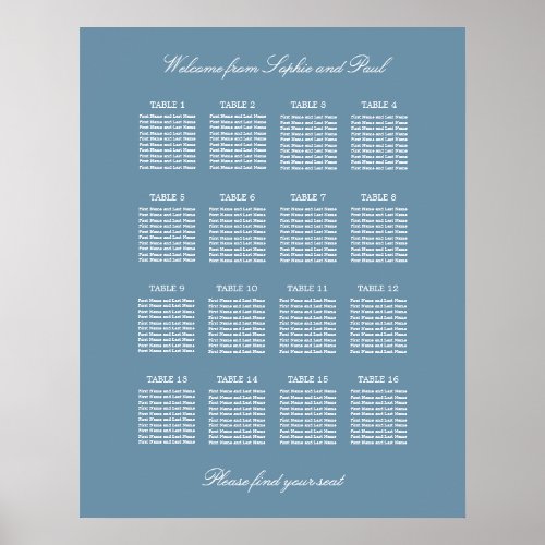 Dusty Blue 16 Table Wedding Seating Chart Poster