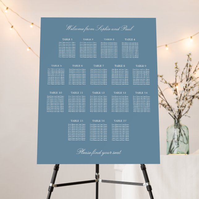 Dusty Blue 17 Table Wedding Seating Chart Foam Board (In Situ (Stand))