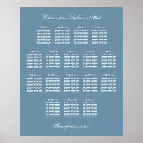 Dusty Blue 17 Table Wedding Seating Chart Poster