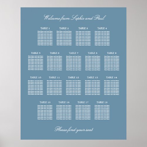 Dusty Blue 18 Table Wedding Seating Chart Poster