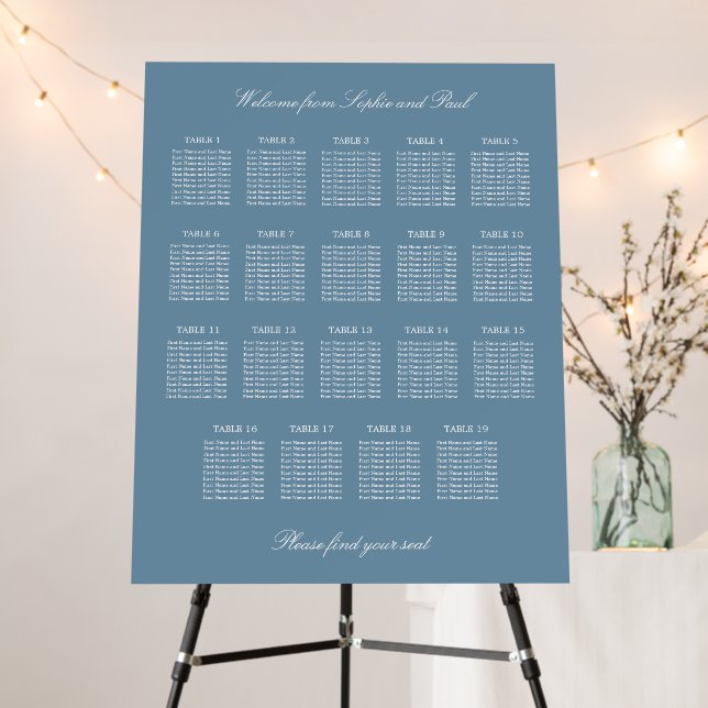 Dusty Blue 19 Table Wedding Seating Chart Foam Board (In Situ (Stand))