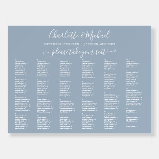 Dusty Blue 200 Names Wedding Seating Chart Sign | Zazzle