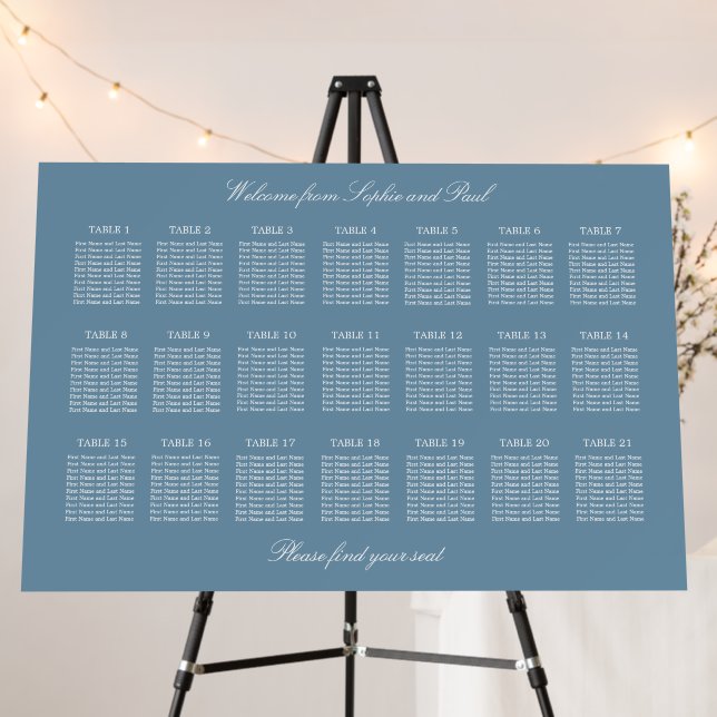 Dusty Blue 21 Table Wedding Seating Chart Foam Board (In Situ (Stand))