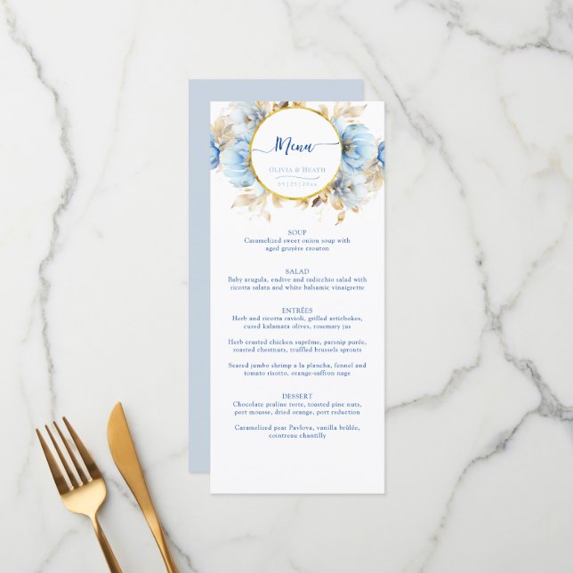 Dusty Blue 2 Floral Gold Wedding  Menu (Front/Back In Situ)