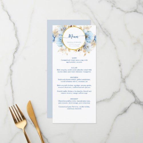 Dusty Blue 2 Floral Gold Wedding  Menu