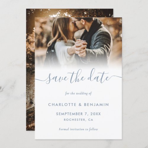 Dusty Blue 2 Photo Wedding Save The Date Card