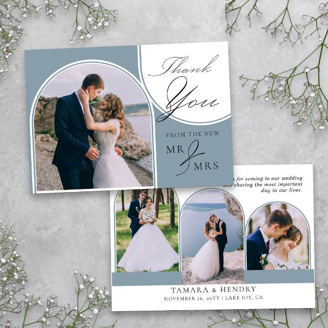 Dusty Blue 4 Arched Photo Wedding Calligraphy Thank You Card (Wedding Photo Thank You card from my Wedding Colors Collection)