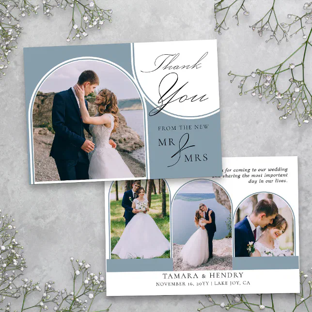 Dusty Blue 4 Arched Photo Wedding Calligraphy Thank You Card | Zazzle