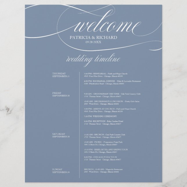 Dusty Blue 4 Days Wedding Itinerary Chic (Front)