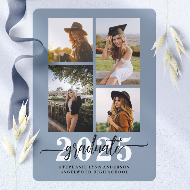 Dusty Blue 4 Photo Collage Grad Announcement (Creator Uploaded)