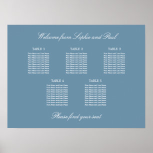 Dusty Blue 5 Table Wedding Seating Chart Poster