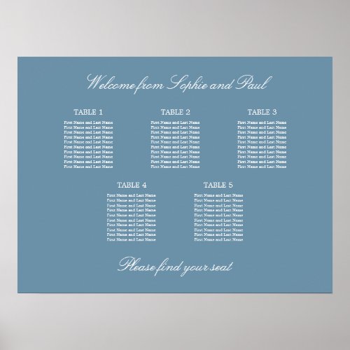 Dusty Blue 5 Table Wedding Seating Chart Poster