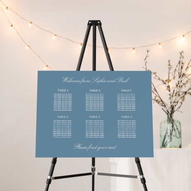 Dusty Blue 6 Table Wedding Seating Chart Foam Board (In Situ (Stand))