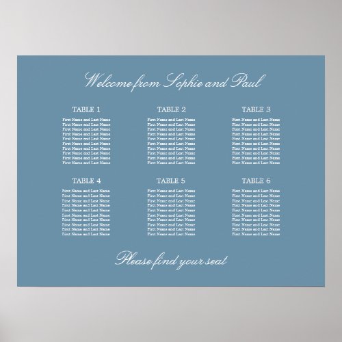Dusty Blue 6 Table Wedding Seating Chart Poster