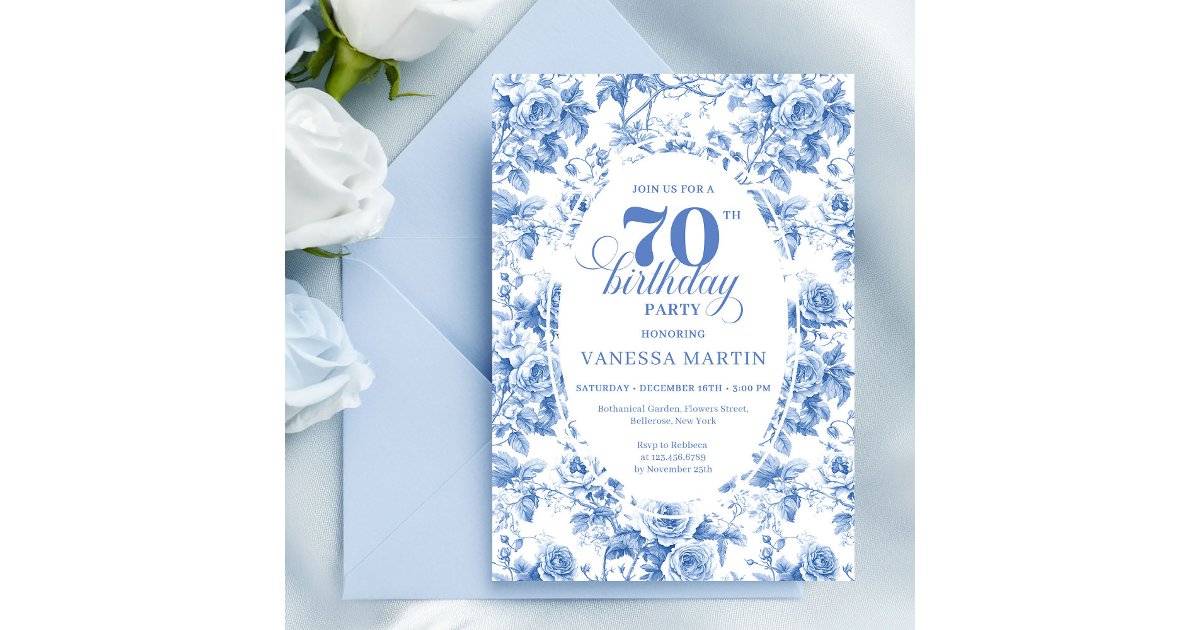 Dusty Blue 70th Birthday Floral Invitation Card | Zazzle