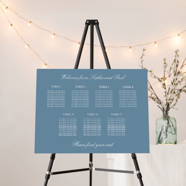 Dusty Blue 7 Table Wedding Seating Chart Foam Board (In Situ (Stand))