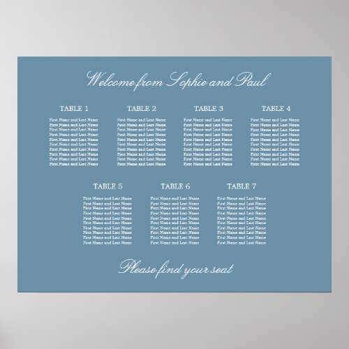 Dusty Blue 7 Table Wedding Seating Chart Poster