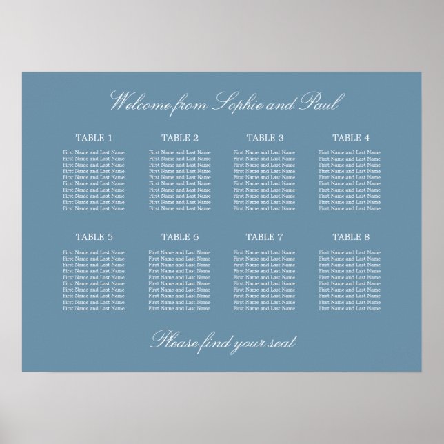 Dusty Blue 8 Table Wedding Seating Chart Poster (Front)
