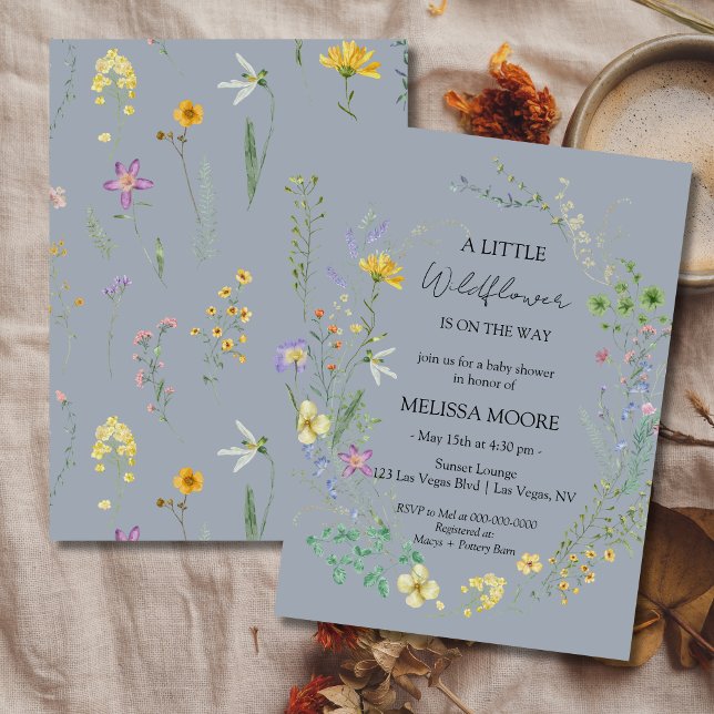 Dusty Blue A Little Wildflower Baby Shower Invitation (Creator Uploaded)