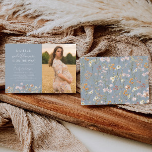 Dusty Blue A Little Wildflower Photo Baby Shower Invitation