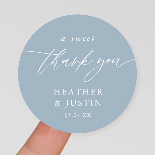 Dusty Blue A Sweet Thank You Wedding Favor Classic Round Sticker (Creator Uploaded)