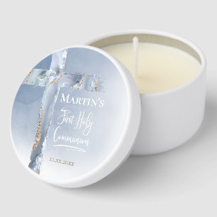 dusty blue agate cross First Communion Mini Candle Favors