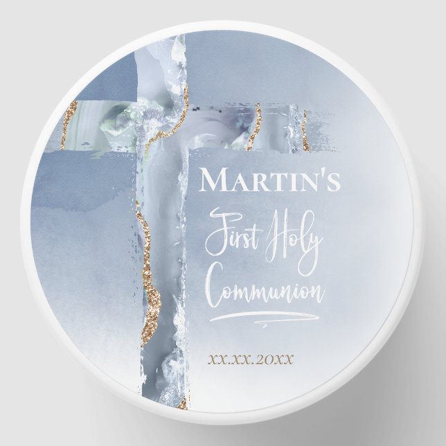  dusty blue agate cross First Communion Mini Candle Favors (Front)