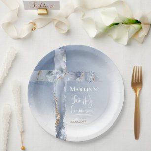 dusty blue agate cross First Communion Paper Plates