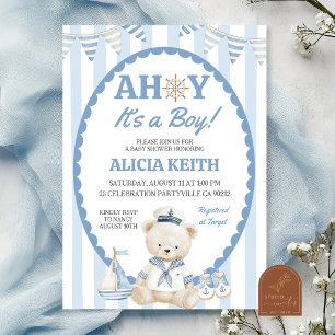 Dusty Blue Ahoy It's A Boy Sailor Baby Shower Invitation