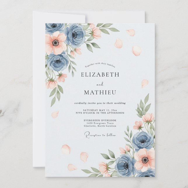 Dusty Blue Airy Spring Wedding Invitation (Front)