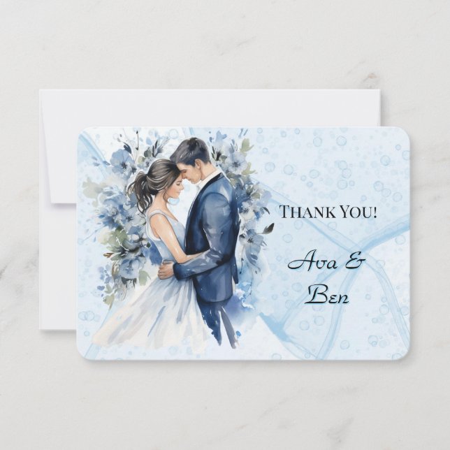 Dusty Blue Alcohol Ink Bride & Groom Thank You  Card (Front)